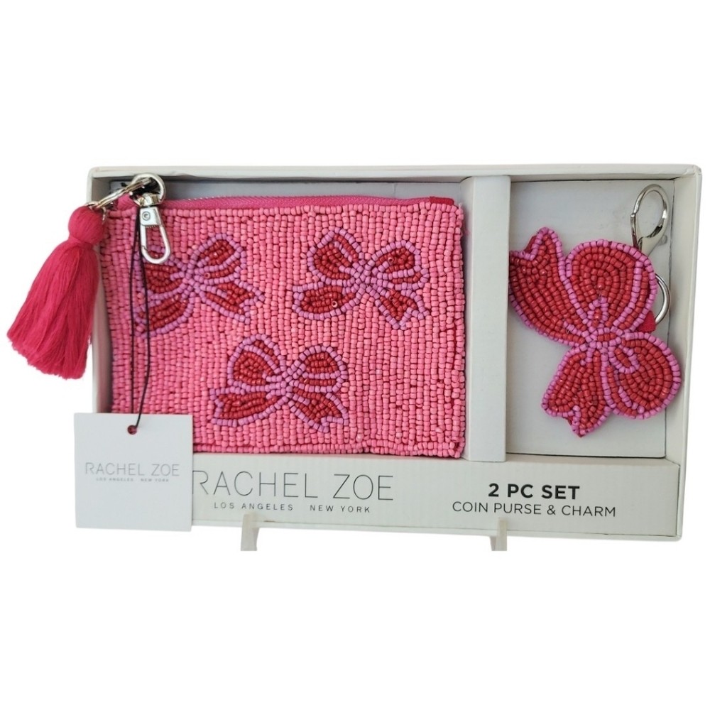 Rachel Zoe Beaded Pink Bow Card Case/Pouch and Keychain Set NWT